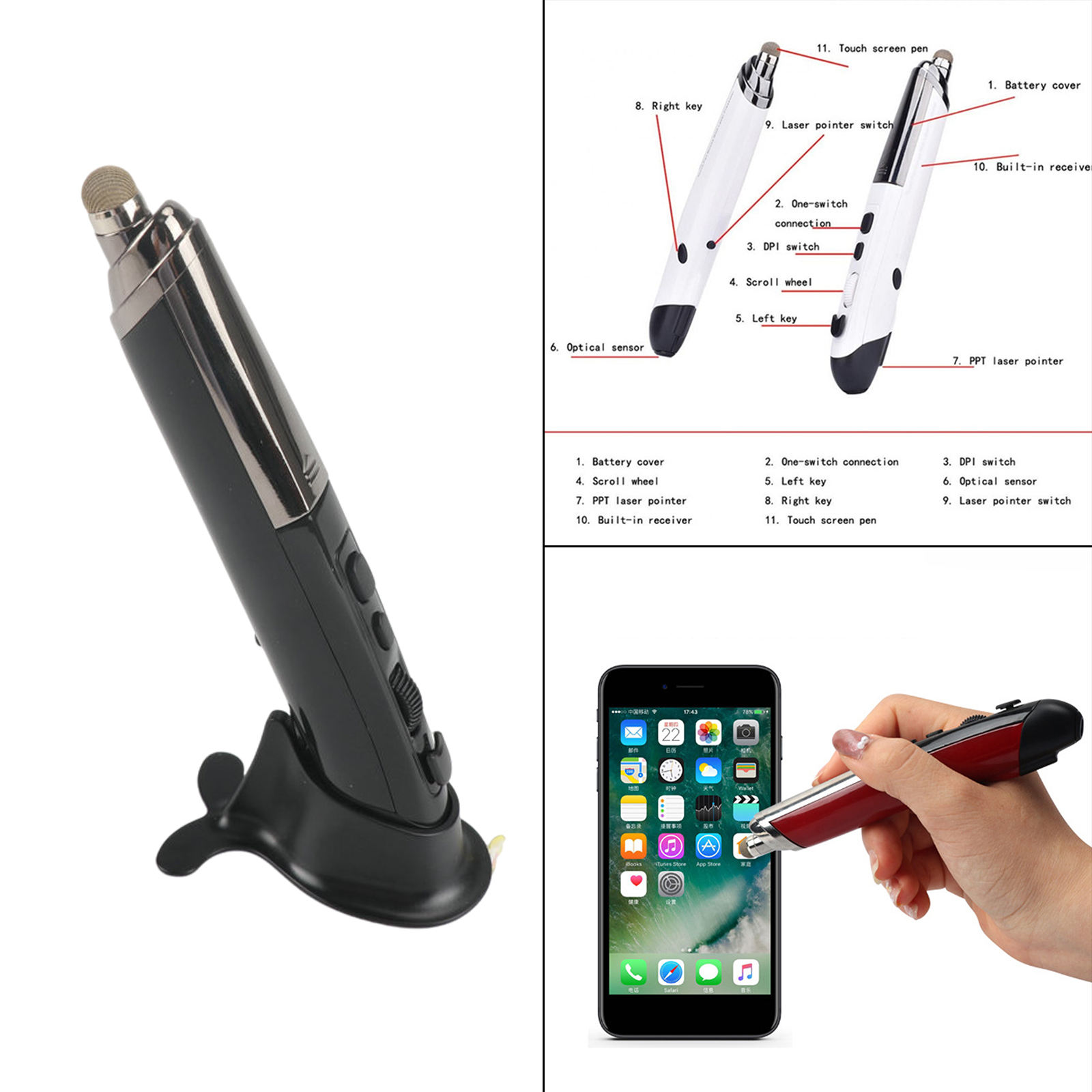 Portable 2.4G Wireless Optical USB Mouse 1600DPI Handwriting Mini Mouse Pen