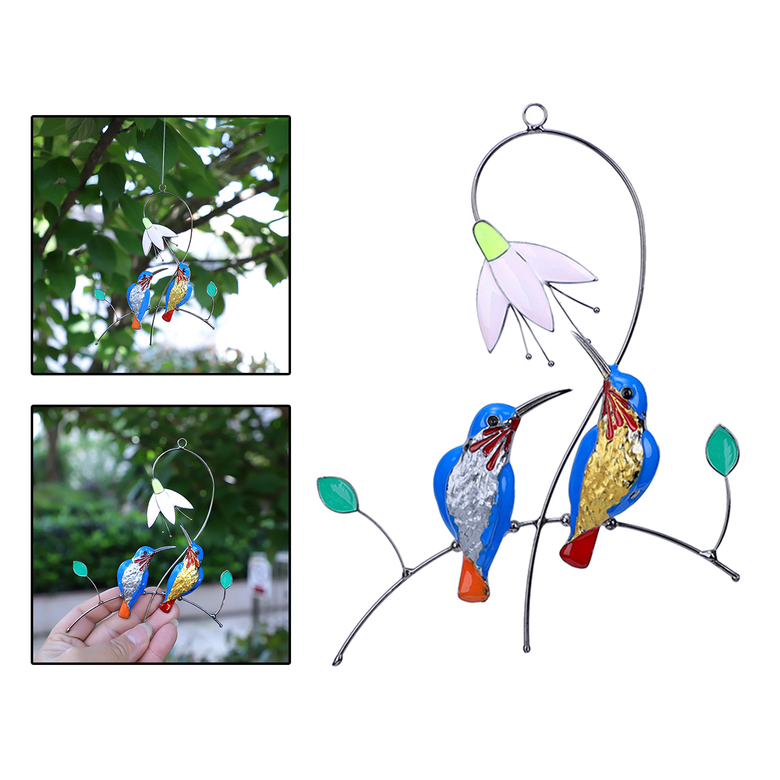 Hummingbirds Stained Glass Suncatcher Birds Pendant Outdoor Home Decoration