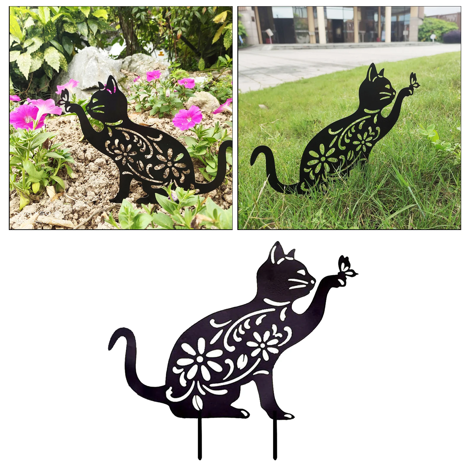 Metal Cat Garden Stakes Hollowed Out Decorative for House Lawn Park Outdoor