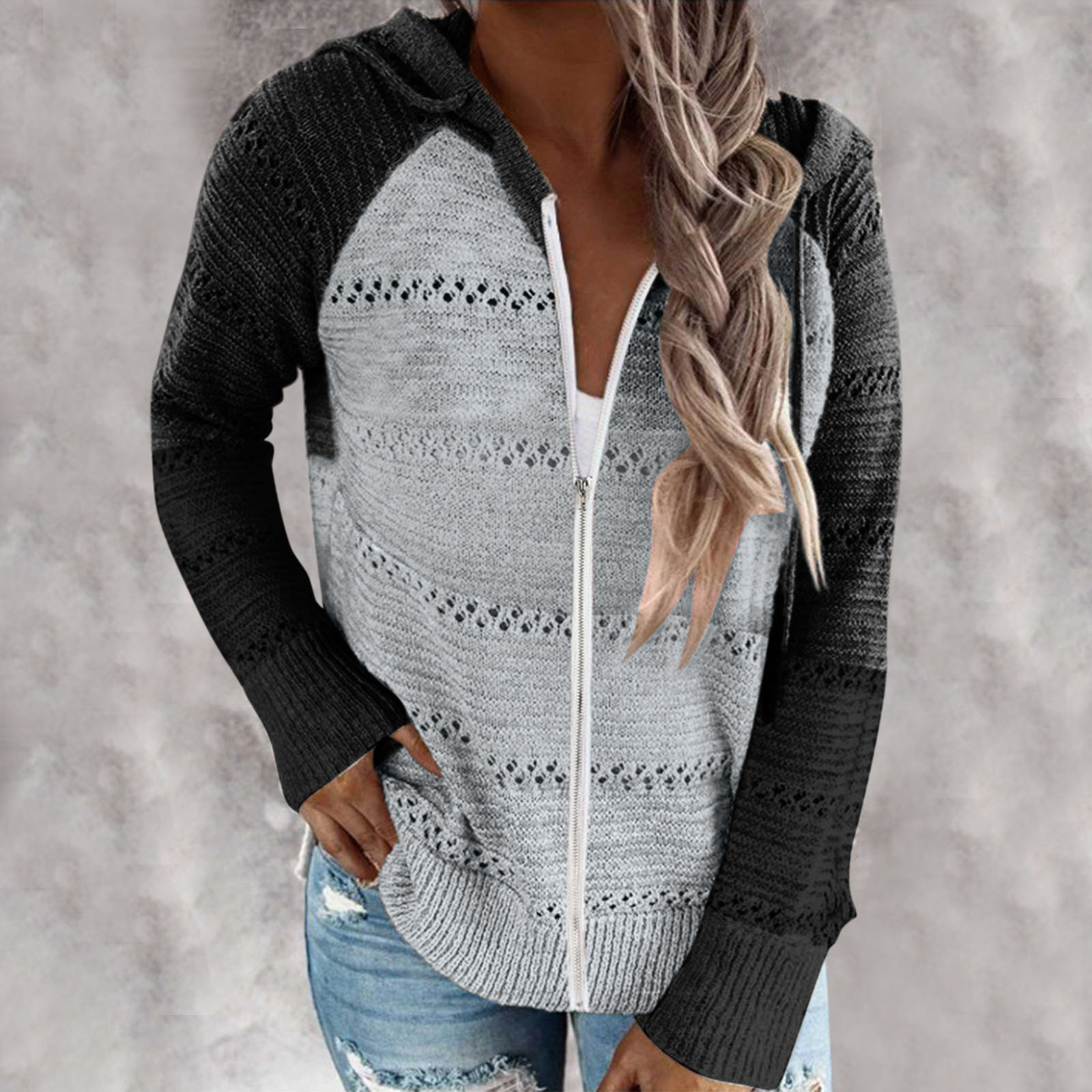 hoodies moda feminina casual retalhos mangas compridas com capuz camisolas elegantes tops outono tricô zíper oco para fora topos