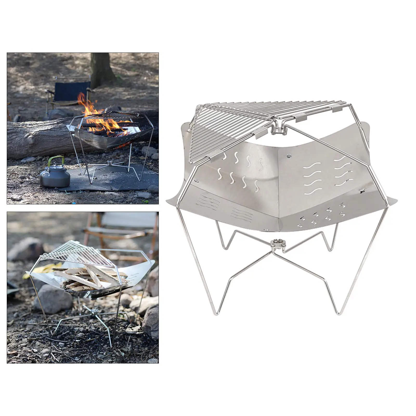 Portable Fire Pit Folding Stove Campfire Rack Fireplace Collapsing Stand Wood Burning for Barbecue Patio Travel Camping