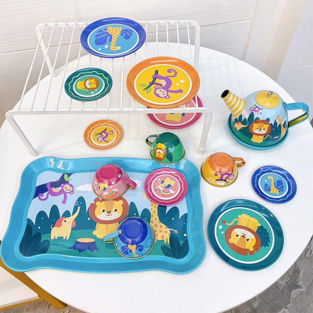 Tinplate Toys Tea Set with Tea Party Accessories Toy Dishes and Utensils Tea Party Set for Boys Toddler Kitchen Pretend Play