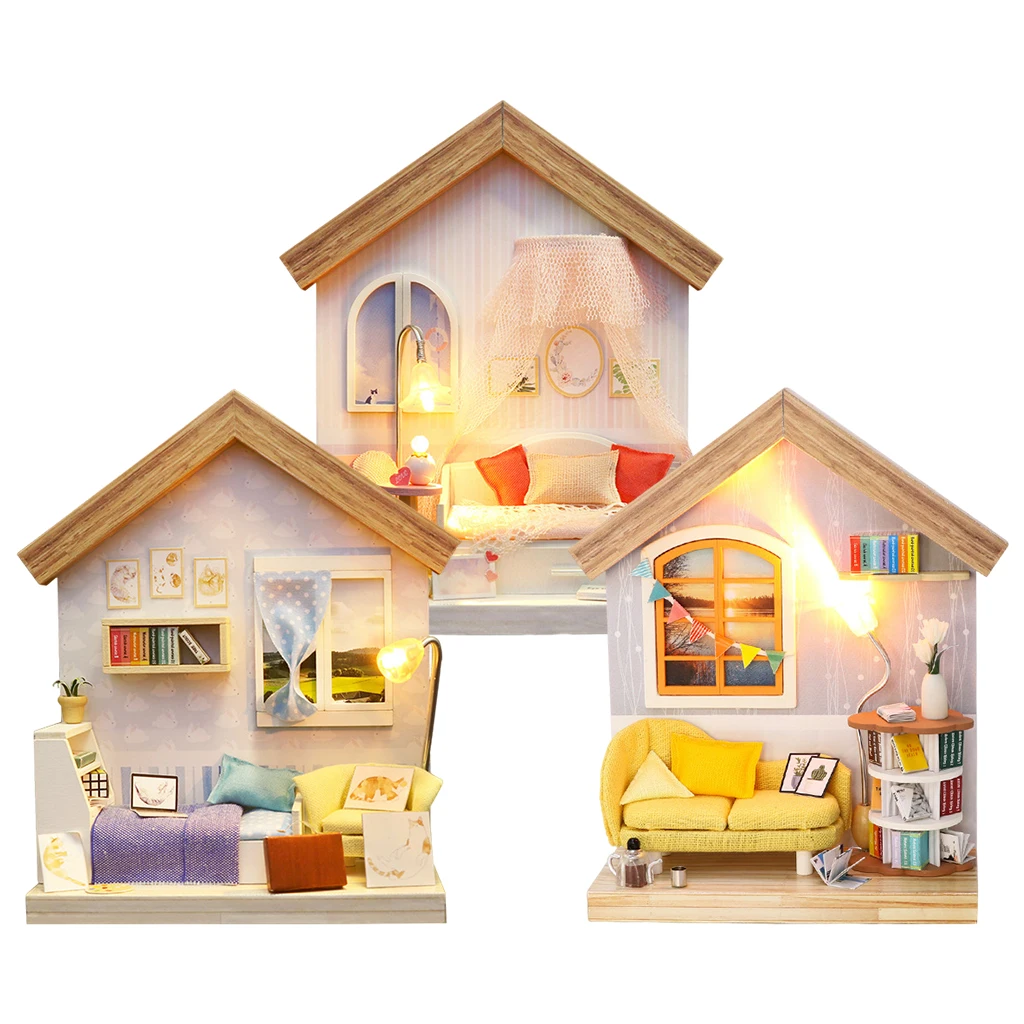 Miniature Doll House Kit Wood Miniature Furniture Kit for Dolls Home Do-it-yourself Mini Doll House with LED Light for