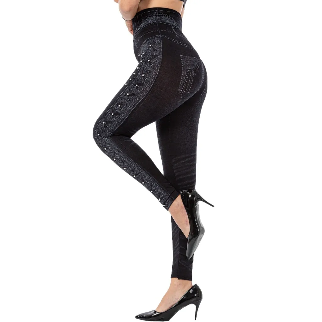 High Waist Plus Size Leggings Women Black Print Jean Leggings Fashion Nail Bead Casual Pants Elastic Slim Sexy Jeanбрюки Женские