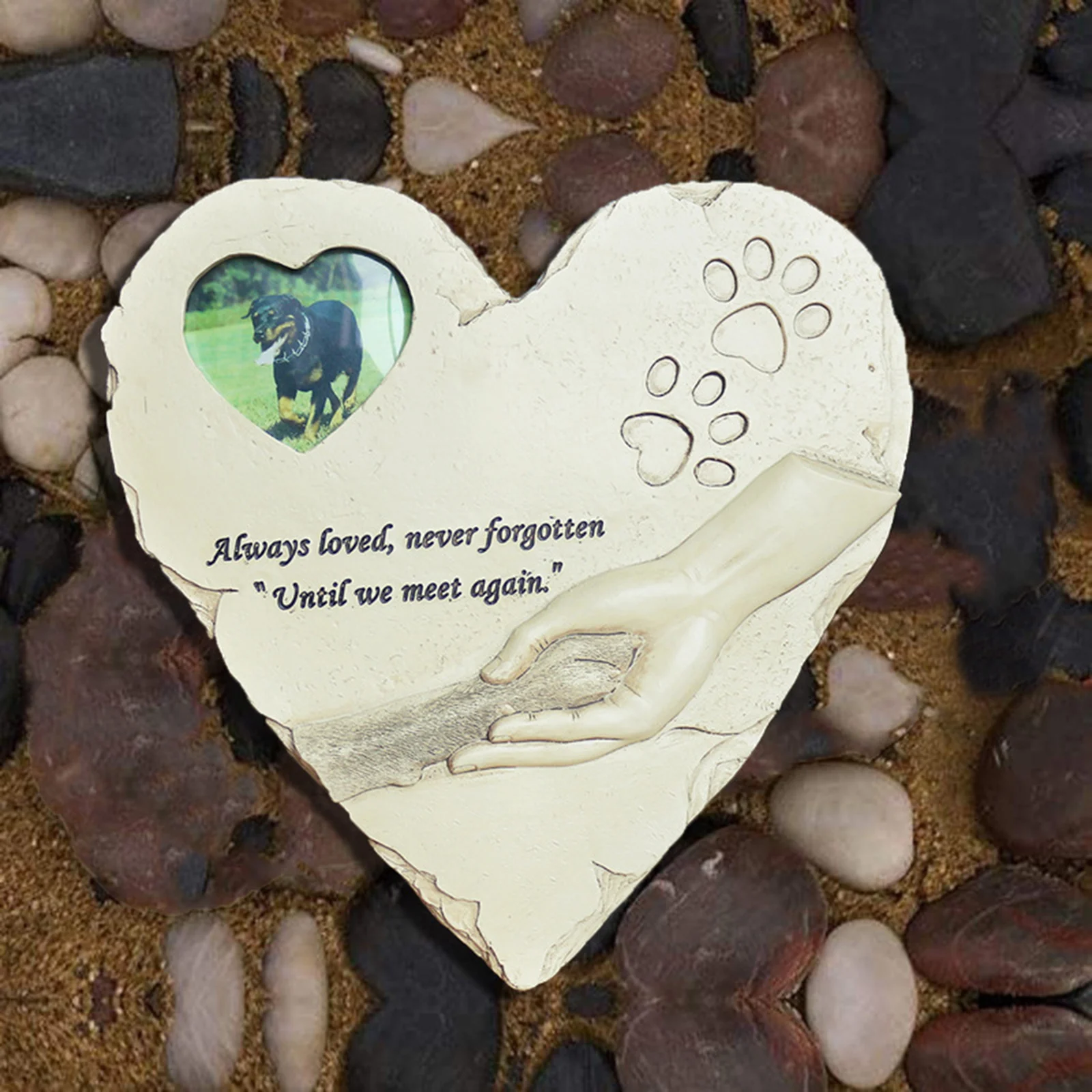 Engraved Pet Memorial Stone Heart-Shaped Paw Print Dog Headstone with Poem Photo Frame Outdoor Puppy Grave Marker