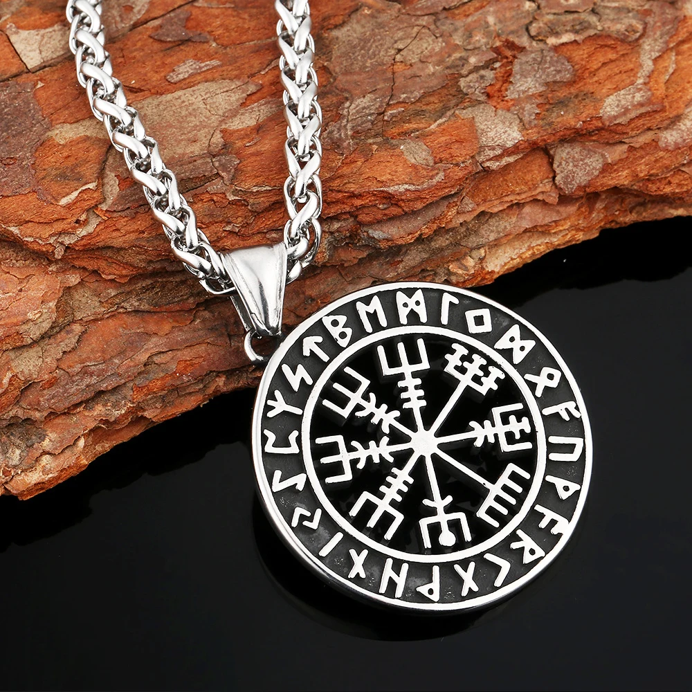 MENDEL Stainless Steel Boys Mens Viking Vegvisir Compass Pendant Necklace Amulet 
