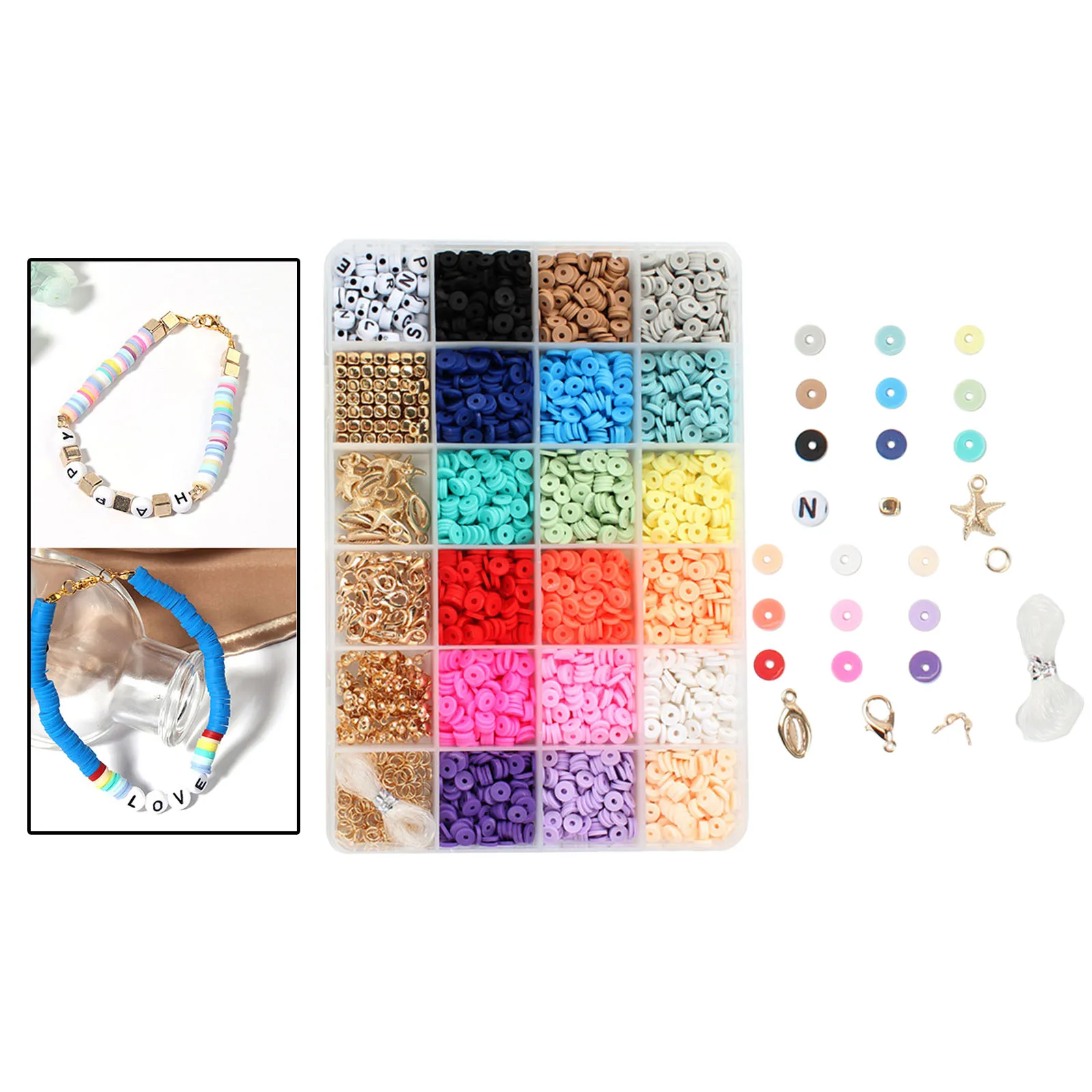 1 Box Flat Round Polymer Clay Spacer Beads Kit Charms Elastic String Lobster Clasp Box for Jewelry Making DIY Bracelets Earring