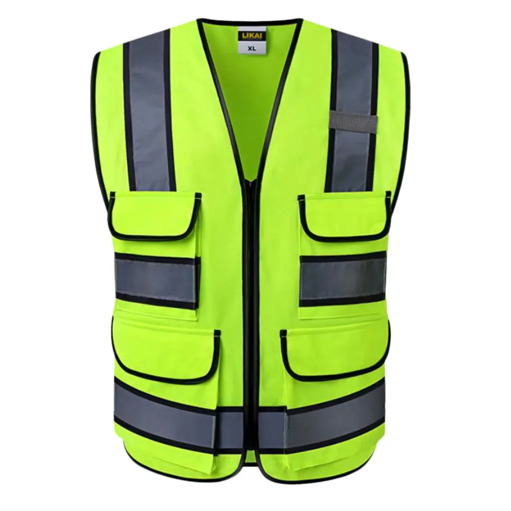 Multi Pockets High Visibility Zipper Front Safety Vest With Reflective Strips, Premium Style-E