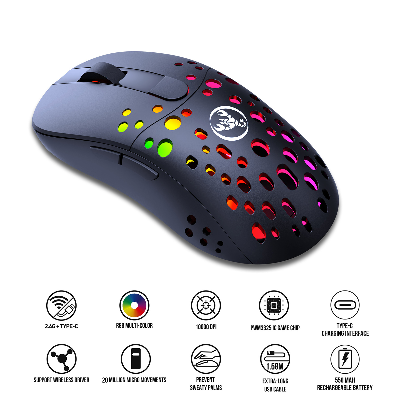 Type-C Wireless/Wired Mouse Dual Modes Rechargeable Gaming Mouse Adjustable DPI up to 10000 DPI for PC Laptop Gamer 550mAh