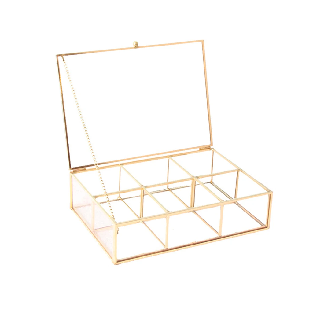 Golden Glass Jewellery Organizer Rectangular Lidded Metal Clear Display Lipstick Perfume Treasure Storage Dresser Decoration