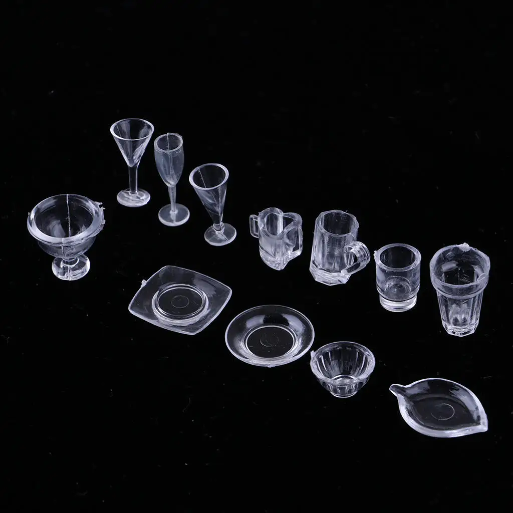 13pcs 1/12 Dollhouse Glass Wine Glass Ice Cream Cup Food Plate