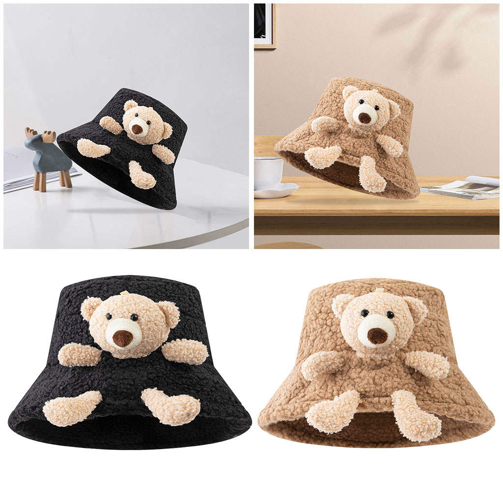 Winter Warm Bucket Hat 3D Stuffed Wide Brim Teddy Bear Fisherman Caps for Teens Children