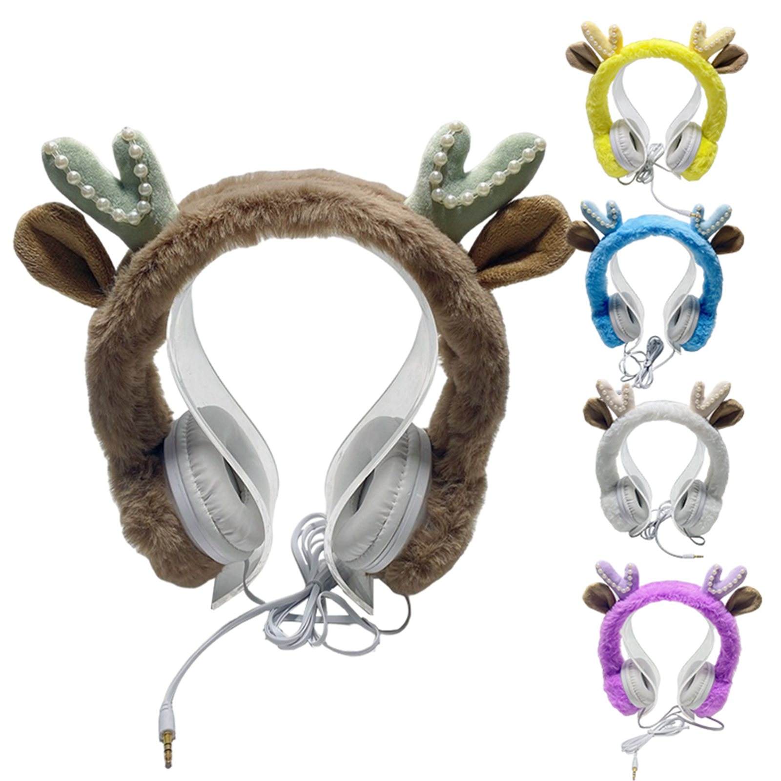 Wired Plush Antlers Headset Adjustable with Microphone HiFi Earphones for Laptop Gaming Smartphones Kids Adults for PS5