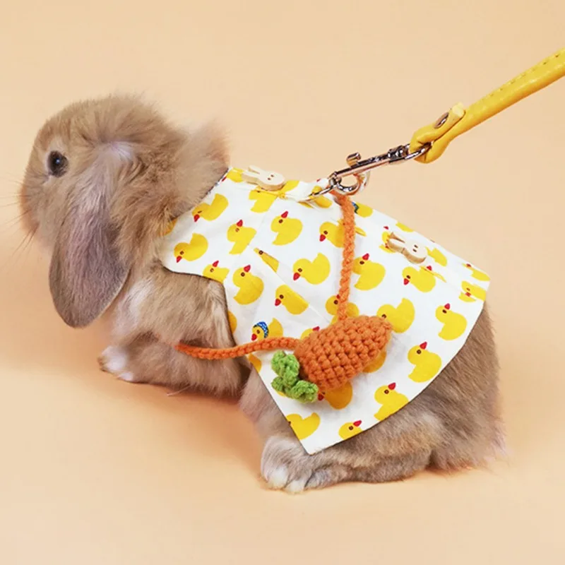 Un pequeño conejo que lleva un lindo chaleco con un estampado de patitos de goma amarillos. El chaleco tiene una correa, lo que sugiere que el conejo podría ser una mascota y está vestido para dar un paseo o una sesión de fotos.