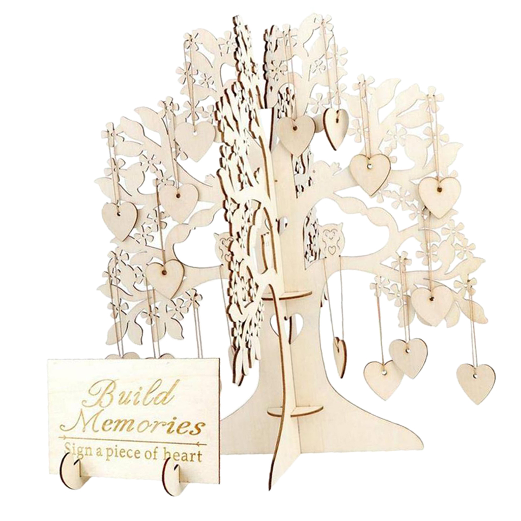 Wooden Wedding Guest Sign Book DIY Wishing Tree Wedding Party Supplies, 1pc Wishing Tree+100x Love Heart Shaped Cards and Ropes