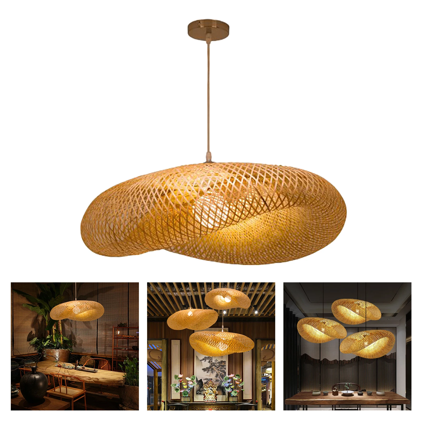 Retro Bamboo Weaving Chandelier Lamp Hanging LED Ceiling Lamp Droplight Fixtures for Restaurant Living Room Bedroom Decoration