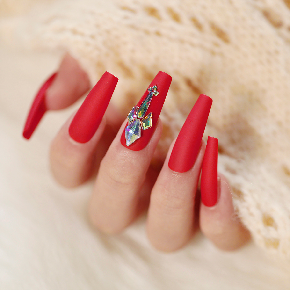 24pcs Red 3D Rhinestone Fake Nails Removable Solid Color Coffin Long  Paragraph Manicure Nails Accessories Nail Art Tools|False Nails| -  AliExpress