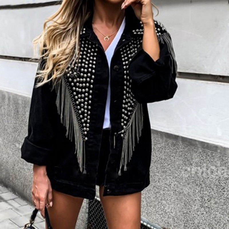 TEELYNN Boho-Jeansjacke für Damen, langärmelig, Herbst, lockere Jeansjacke mit Fransen, Perlen und Nieten, lässige Oberbekleidung – Detail 8