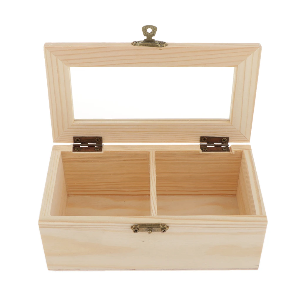 Unfinished Plain Wood Jewelry Box Tea Box Storage Box w/ 2 Compartments