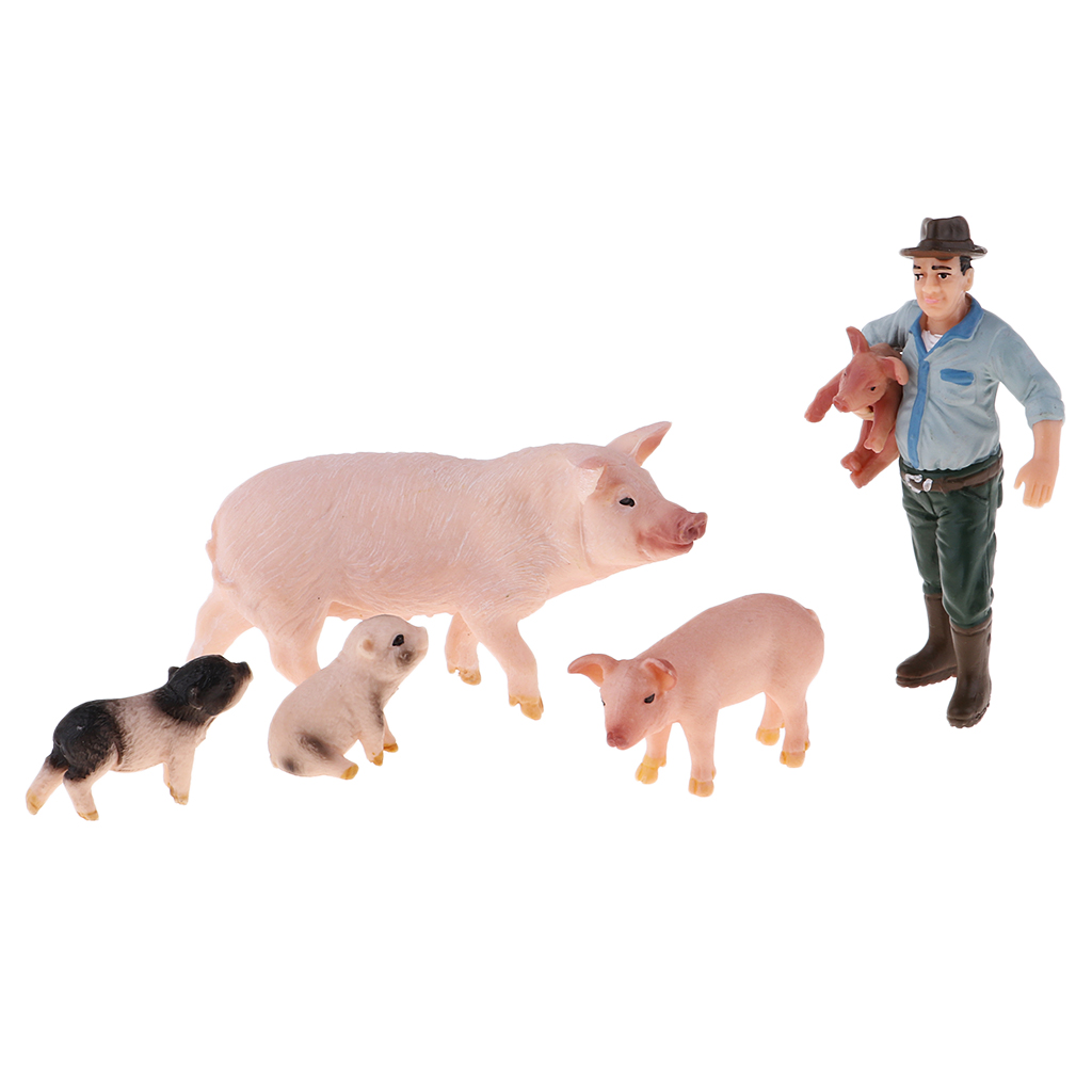 Lifelike Farm Animal Figure Plastic Farm Animals Toy Set - Farmer & 4 Pig