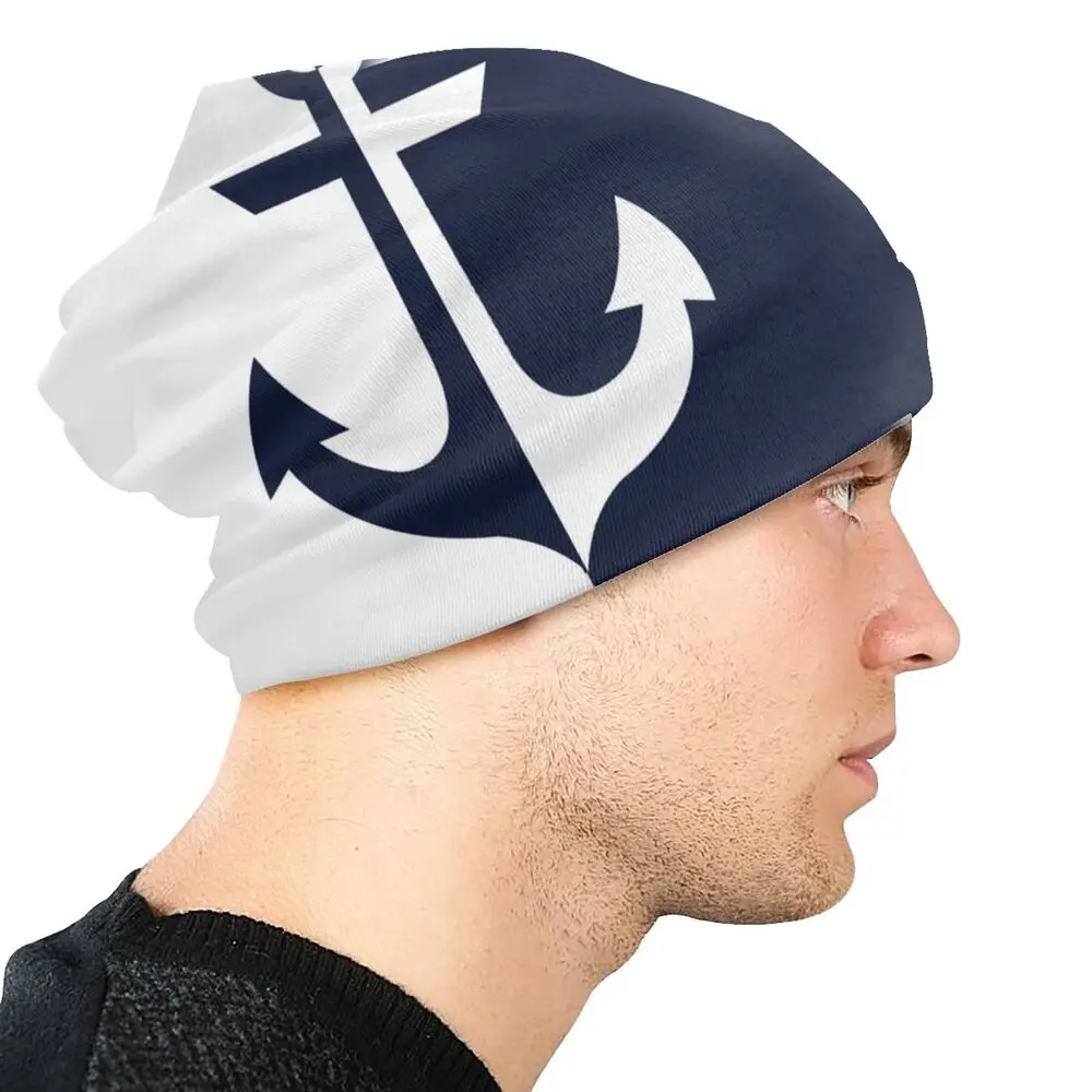 Nautical White Navy Blue Anchor Bonnet Hats Outdoor Skullies Beanies Hats Men Women Adult Winter Knitting Hats Warm Unisex Caps