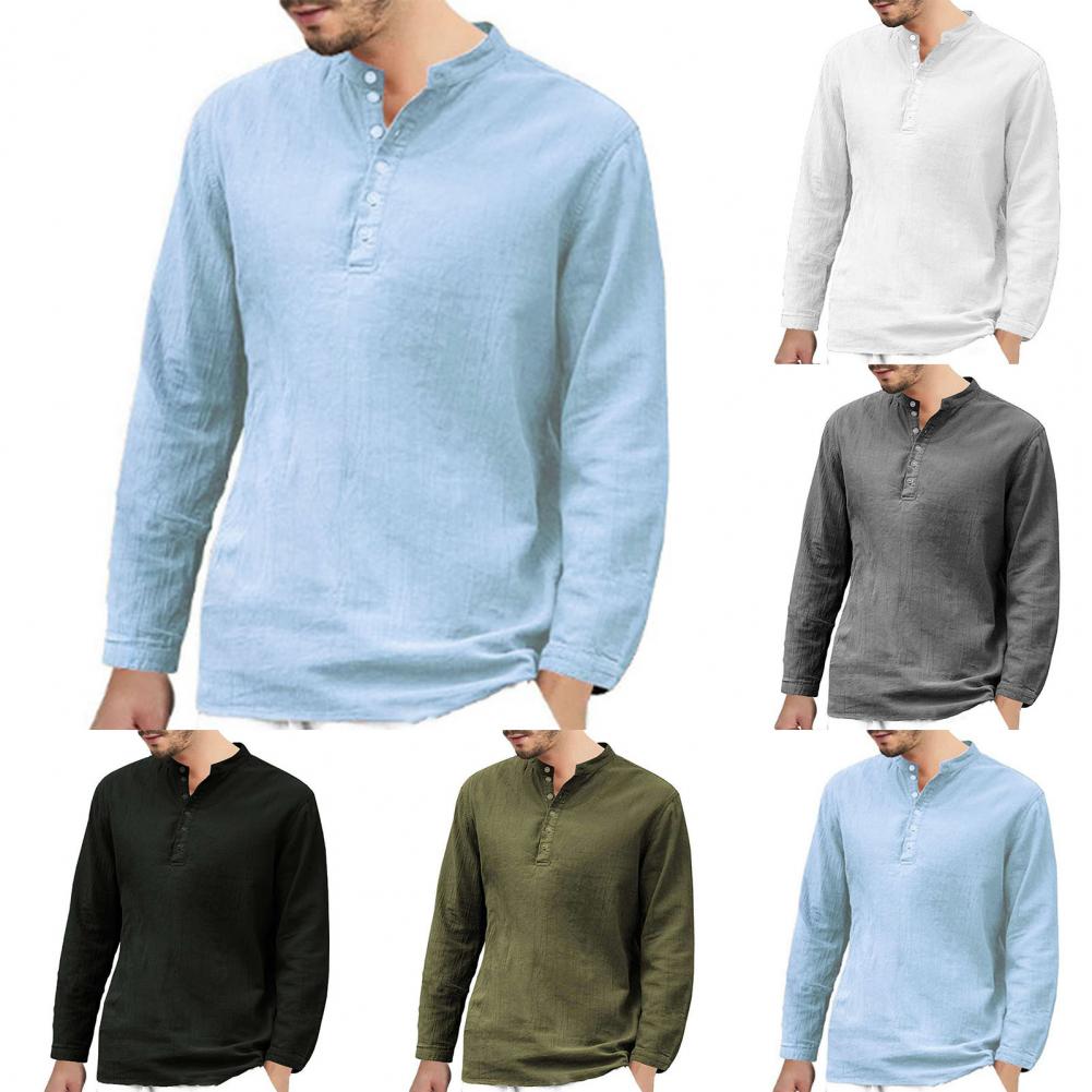 Men's Vikings Nordic Style Long-Sleeved Solid Color Cotton Linen Stand-Up Collar Shirts