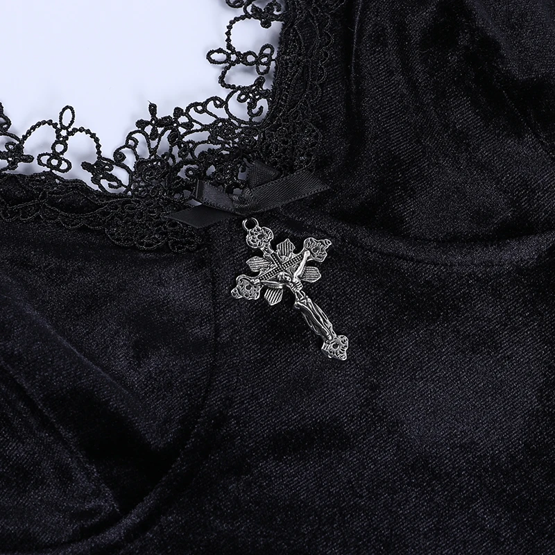 E-girl Cross Lace Trim Black Mini Dress 90s Vintage Spaghetti Strap High Waist Slit Dresses Gothic Grunge Sexy Women Streetwear