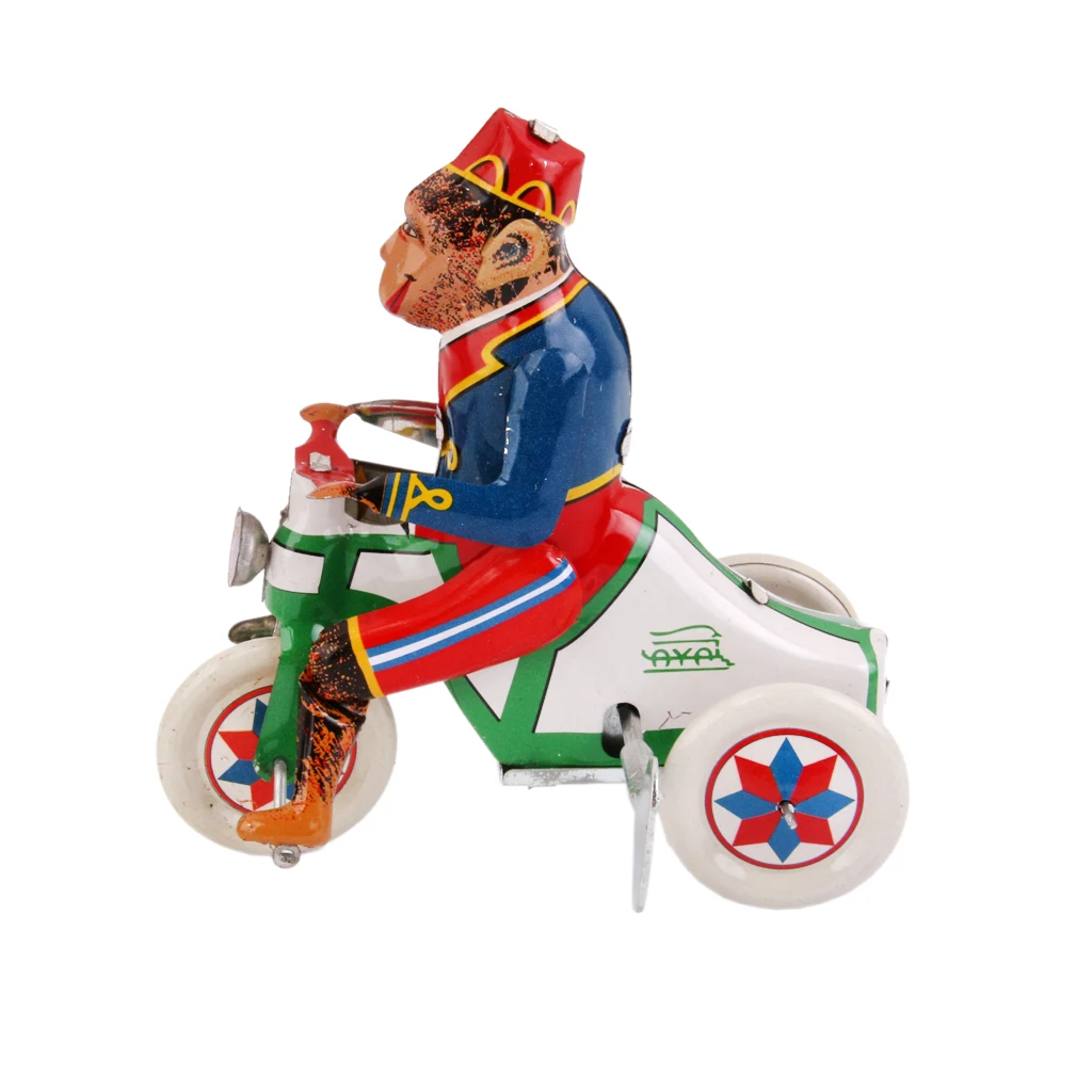 Wind Up Monkey on A Clockwork Model Car Children Play Metal Toys