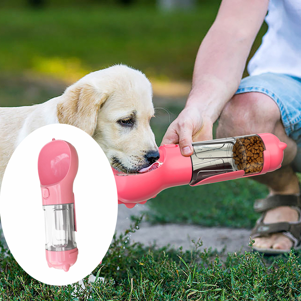 4 in 1 Dog Travel Water Bottle Dispenser Pet Bowl for Walking Outdoor, Multifunctional Water Food Feeder with Garbage Bag