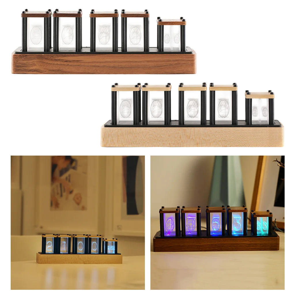 6 Bit Nixie Tubes Clock Retro Desk RGB LED Clock Visual Effects Wooden Stand