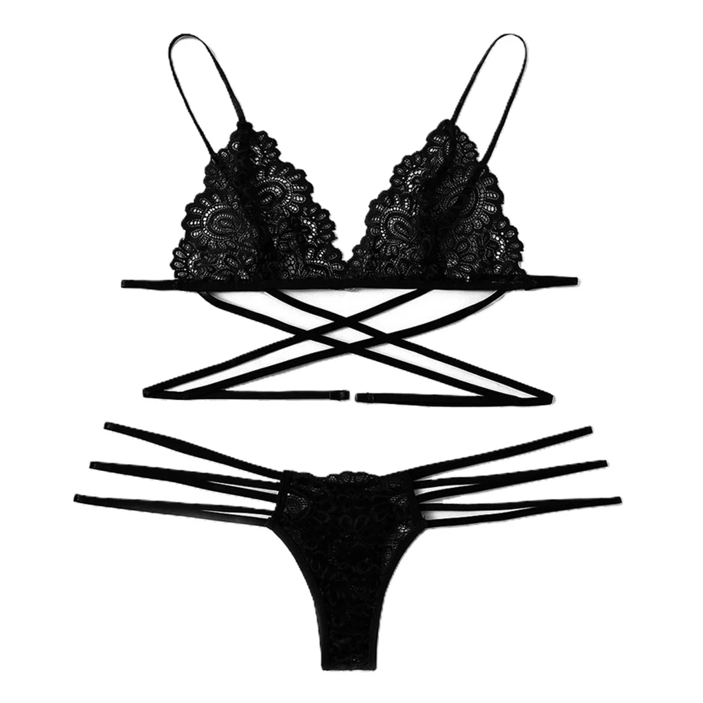 Women`s Lace Elastic Lingerie Bra G-string Bikini Set Strappy Beach Swimsuit