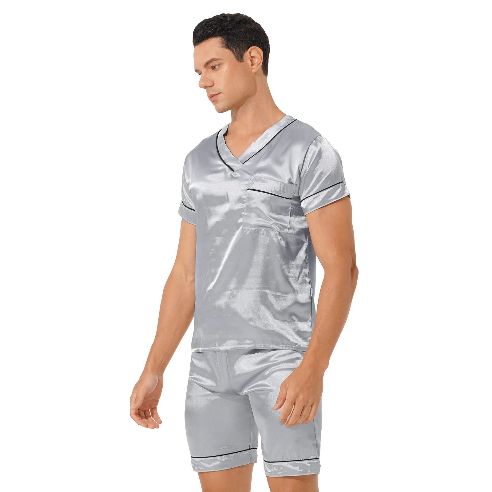 Plus Size Men Satin Pajama Set Loungewear Homewear Sleepwear Nightwear Comfortable Loose V Neck Short Sleeve T-Shirt with Shorts men satin pajamas