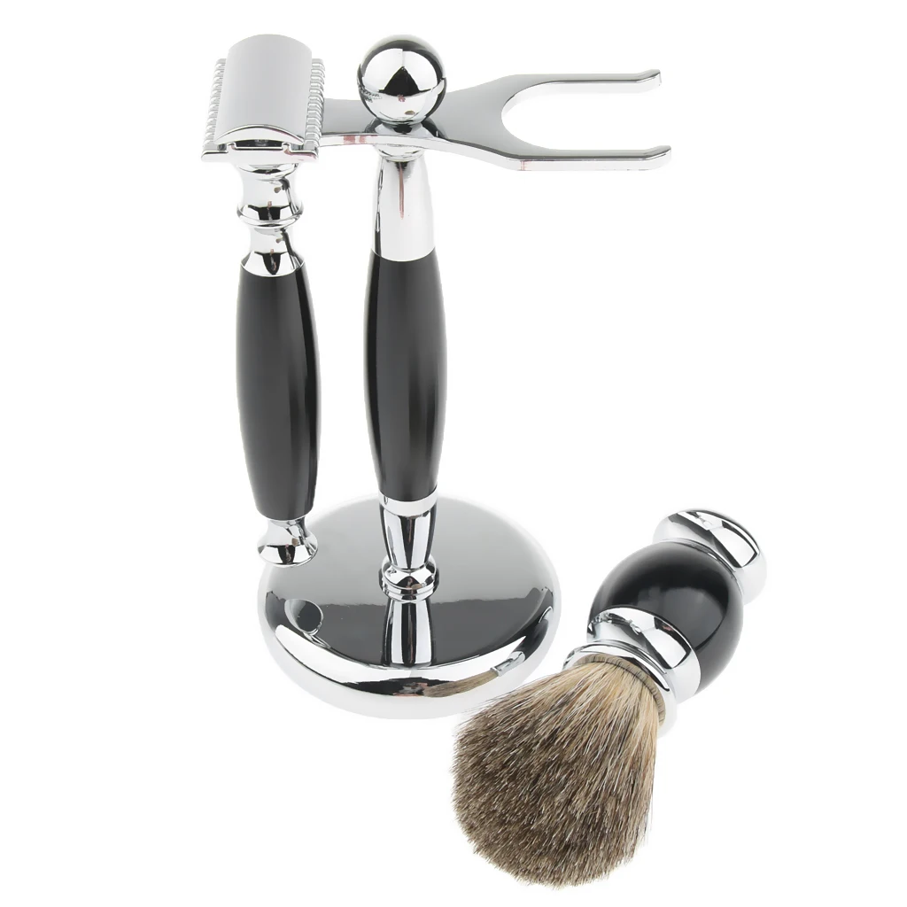 3 In 1 Black Men Beard Shaving Kit Set - Safety  + Brush + Holder Stand, Professional Grooming Tool