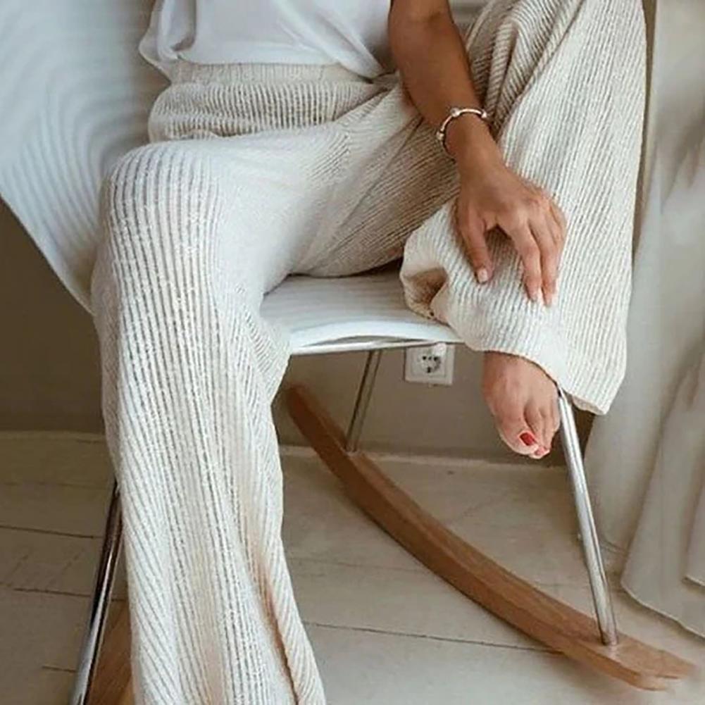 Elegant Solid Ribbed Knitted Pants High 