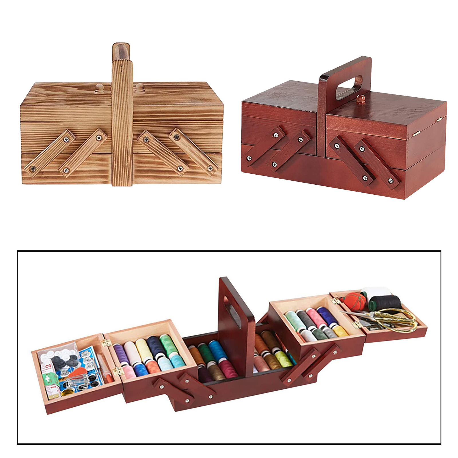 Foldable Wood Sewing Kit Box Thread Stitching Kit Home Sew Basket Household