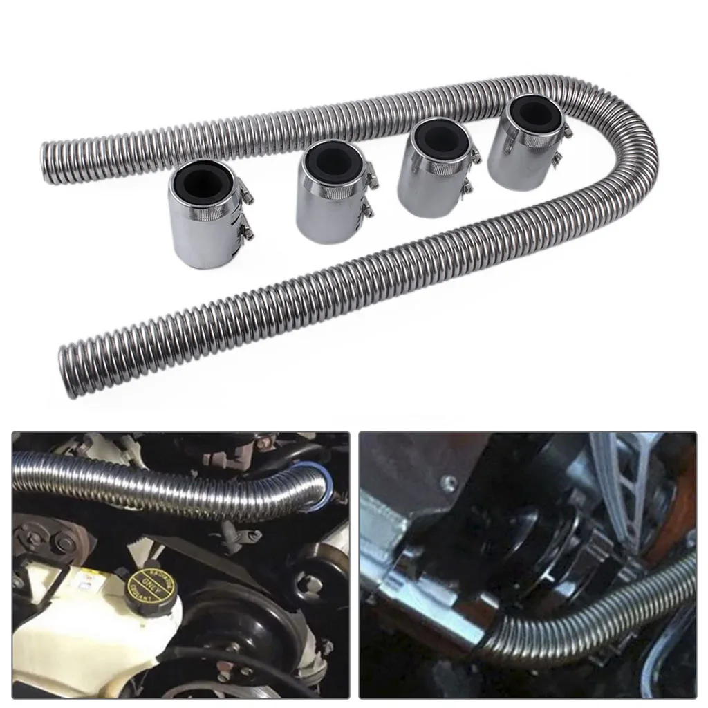 48inch Stainless Steel Radiator Hose Kit Flexible Coolant Water Hose with 4 End Caps Universal 125cm in Length Polished