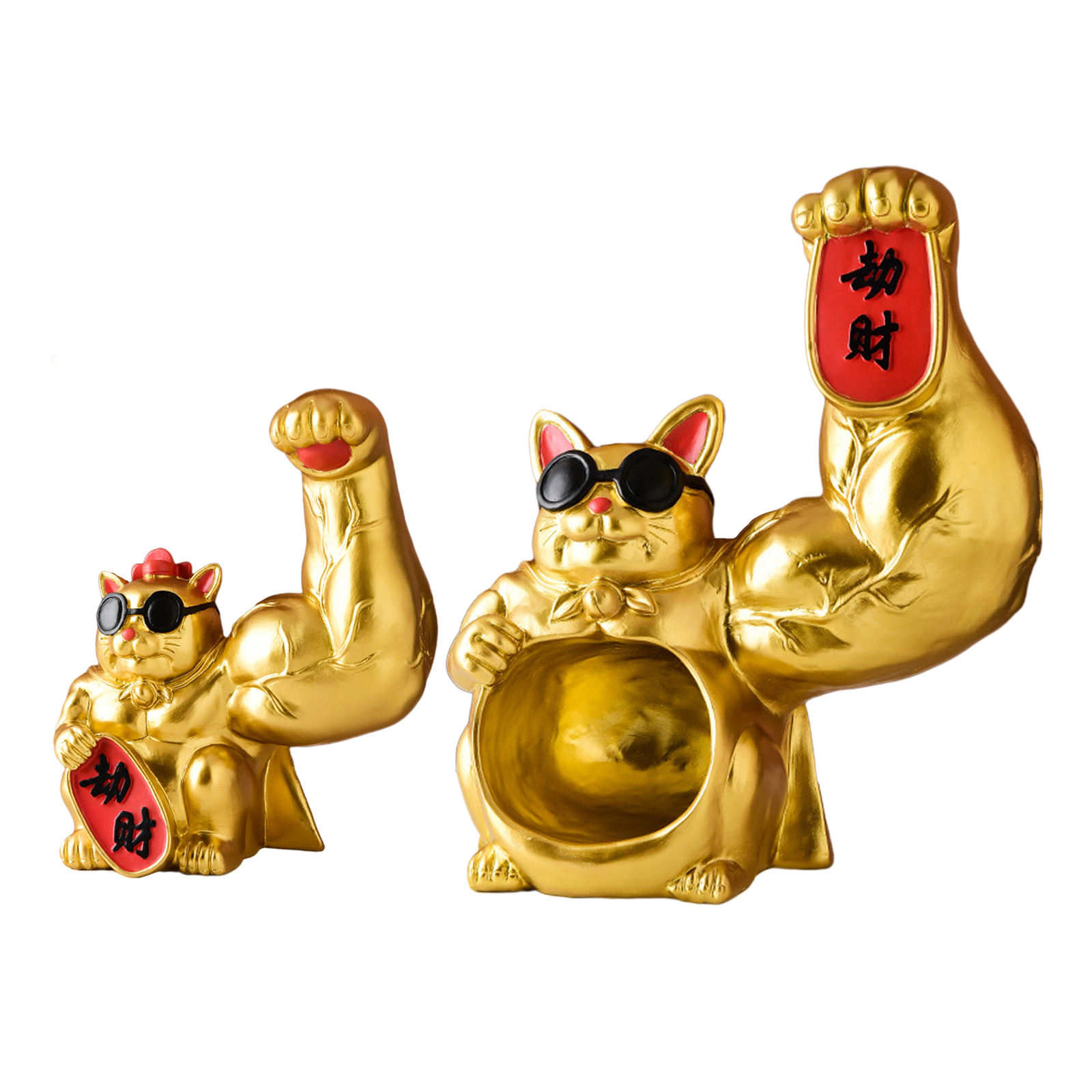 Resin Muscle Arm Lucky Cat Statue Figurine Feng Shui Animal Craft Office Room Shop Home Door Interior Decoration Accessories