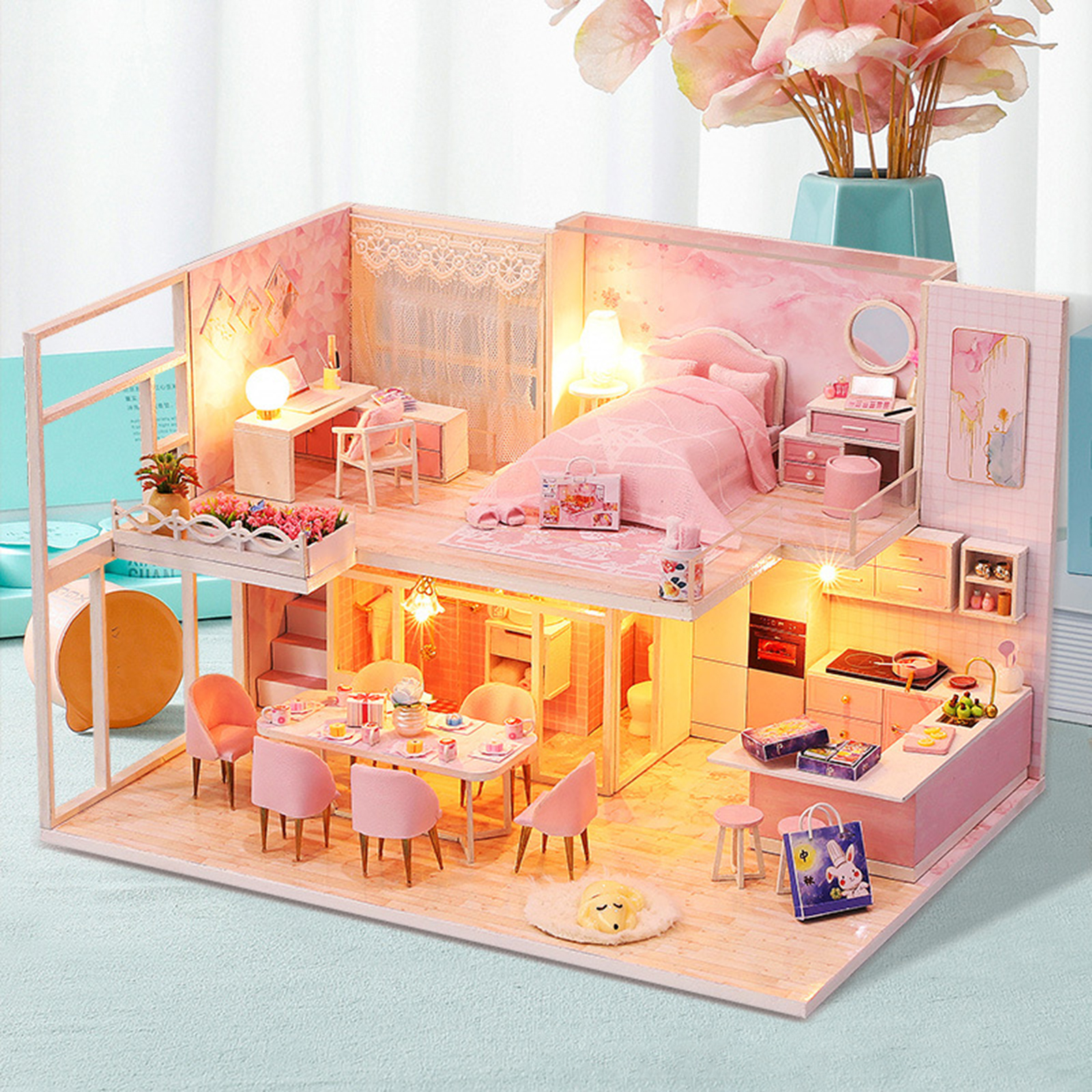 DIY Dollhouse With Furniture Mini Wooden Pink House Bedroom Dustproof Cover