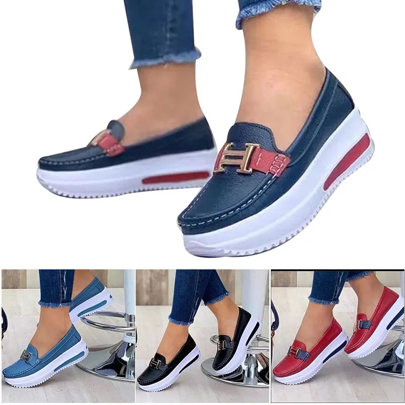 Guajave 2021 Zapatos de Barco Planos con Plataforma Informal para Mujer cómodos Mocasines de Plataforma para Zapatos Planos de PU de Estilo Vintage con Punta Redonda para Caminar
