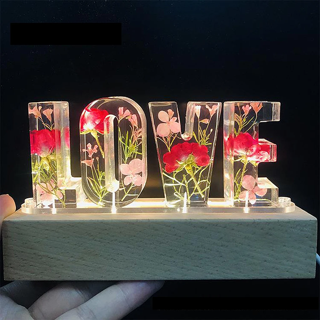 Dried Flower Letter Night Light LED Epoxy Resin Dried Flower Embossed Night Light Valentine`s Day Anniversary Gift Light