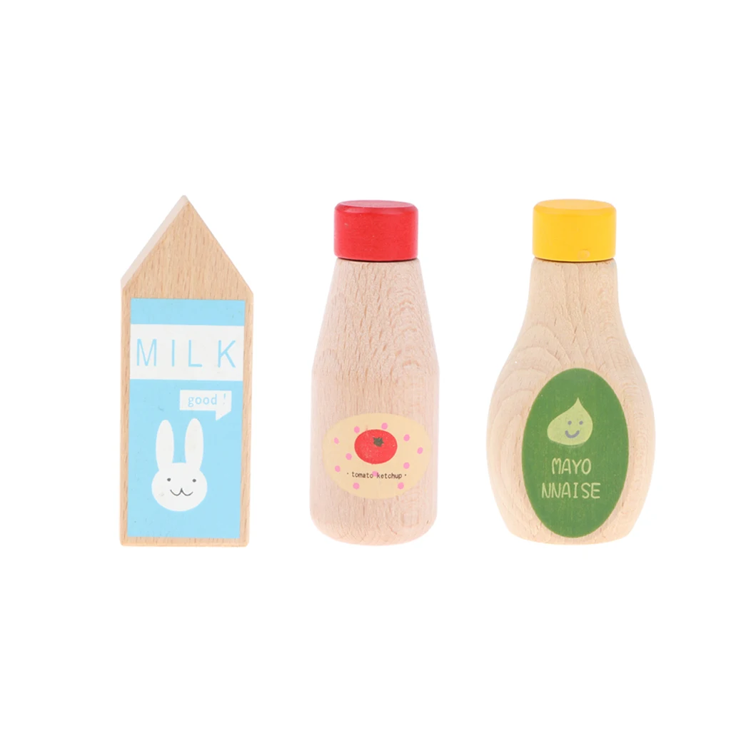 3pcs Kid Kitchen Pretend Toy Play House Wooden Tomato Ketchup Milk Bottles