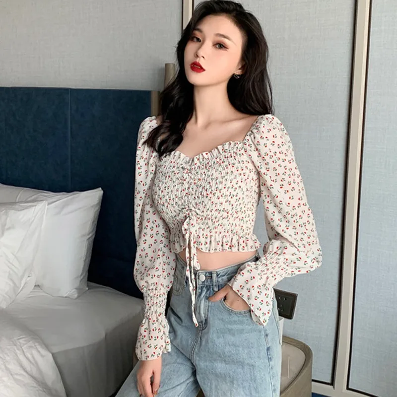 long sleeve tops 2021 Spring Summer  Pleated Floral Print Chiffon Lace Up Blouses Casual Puff Sleeve Square Collar Chiffon Shirts WomenTop women's denim shirts & tops