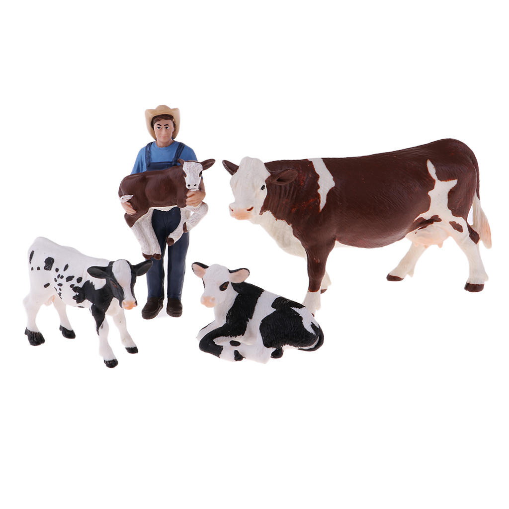 Mini Simulation Farm Animals Toys Set Educational Resource - Farmer & 4 Cows