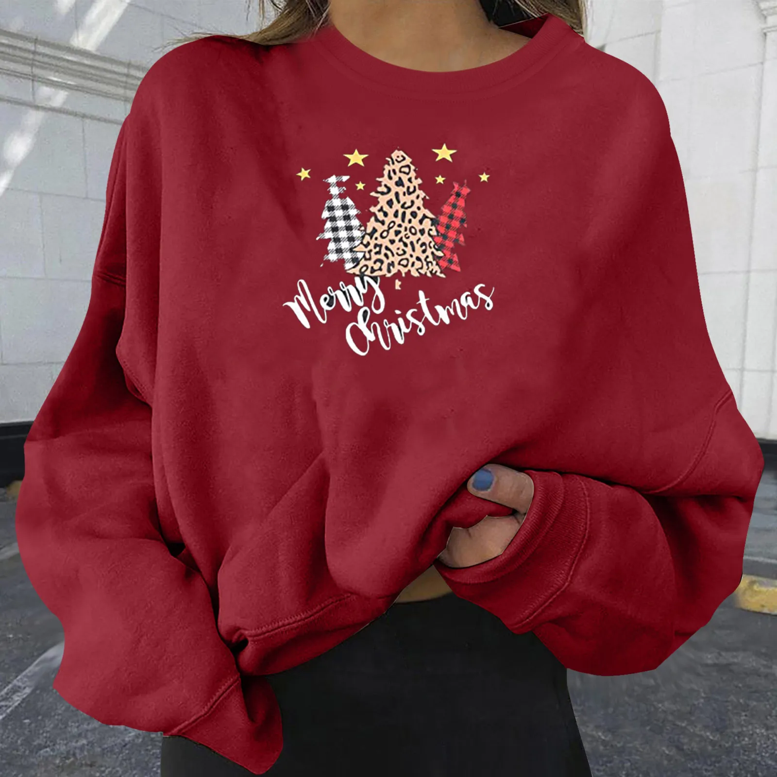 Yajiemen Fashion Women Merry Christmas Santa Claus Print Skew Collar Sweatshirt Blouse 