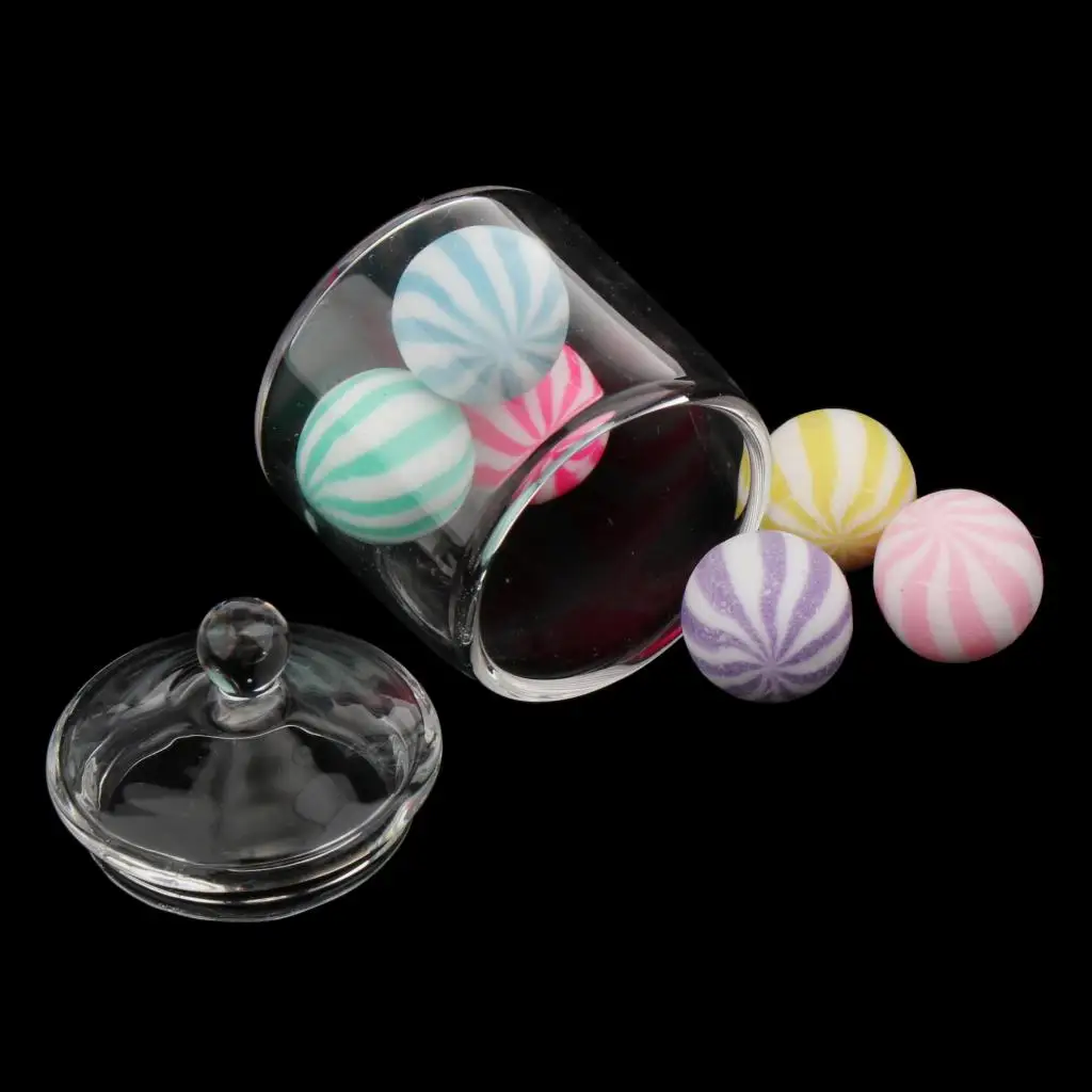 Miniature Glass Candy Jar with 6 Candies Cake Food Bottle Kitchen Accessorios for 1/6 Dollhouse