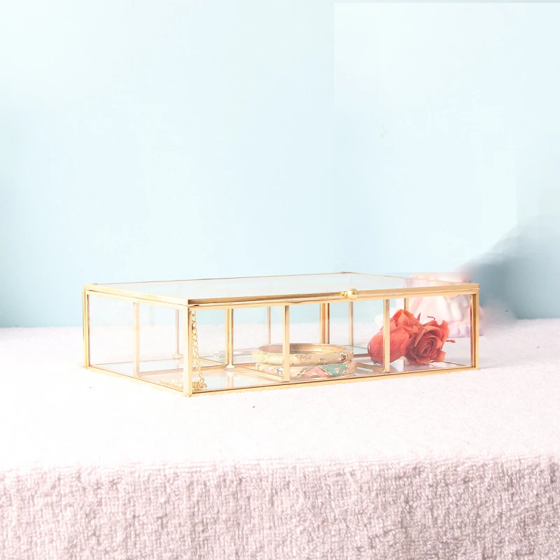 Retro Golden Jewellery Box Lidded Metal Clear Display Lipstick Rings Storage Bedroom Decor