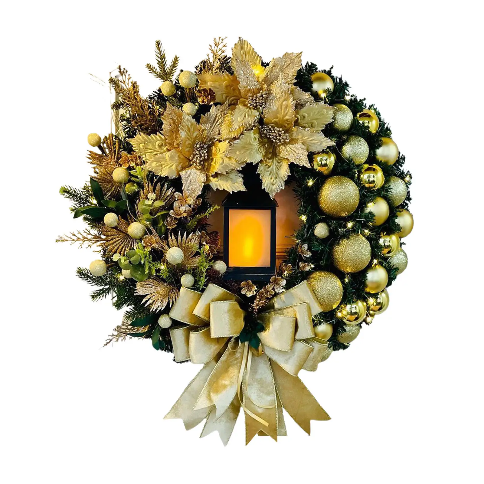 Christmas Wreath Decoration Flower Ornament with Lights Bow Sacred Gold Garland Hanging for Home Front Door Window Outdoor Xmas