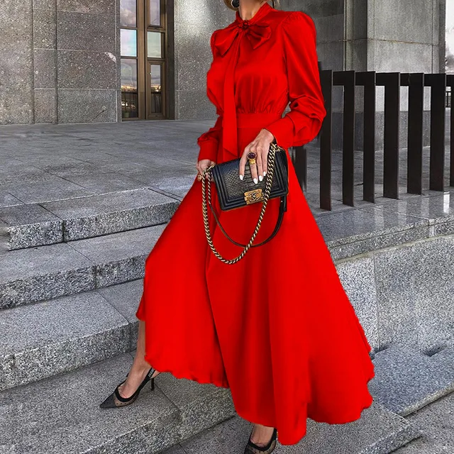 Elegant Women Long Maxi Dresses Satin Bow Tie Long Sleeve 2021 Autumn  Office Lady Dress Workout Activewear Vintage Evening Dress