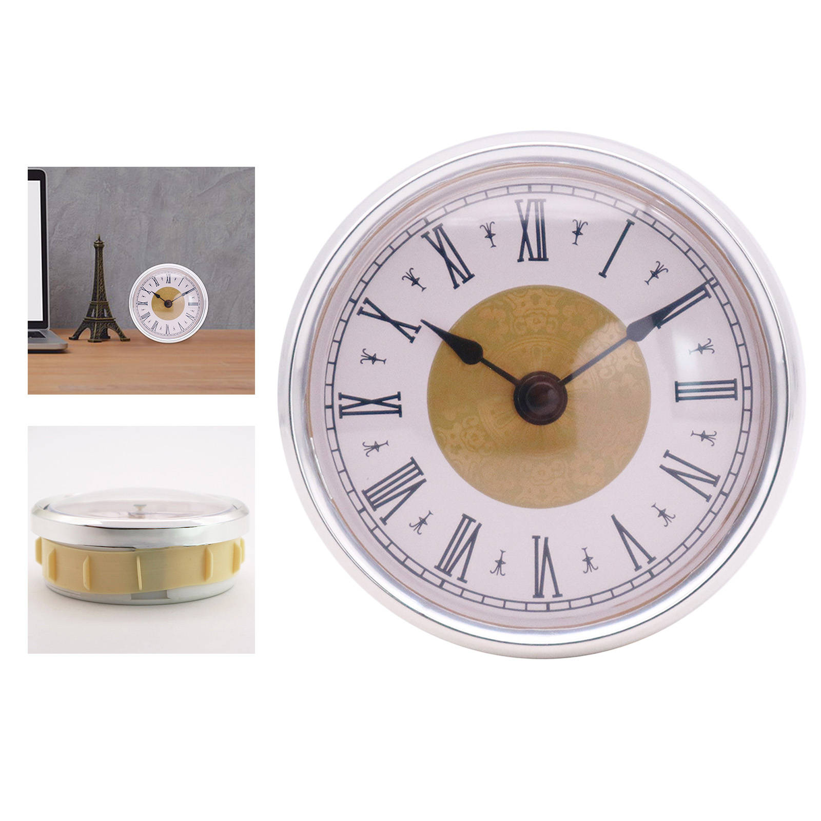 Round Quartz Clock Insert with Gold Flower Black Font Clock Face Roman Numerals