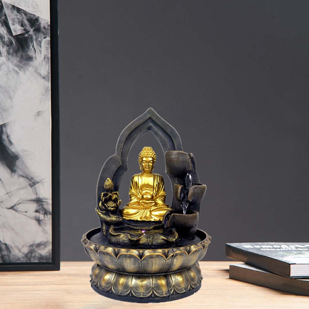 Resin Buddha Tabletop Fountain LED Lights Desktop Zen Water Fengshui Meditation Relaxing Calming Waterfall Home Sculpture Decor